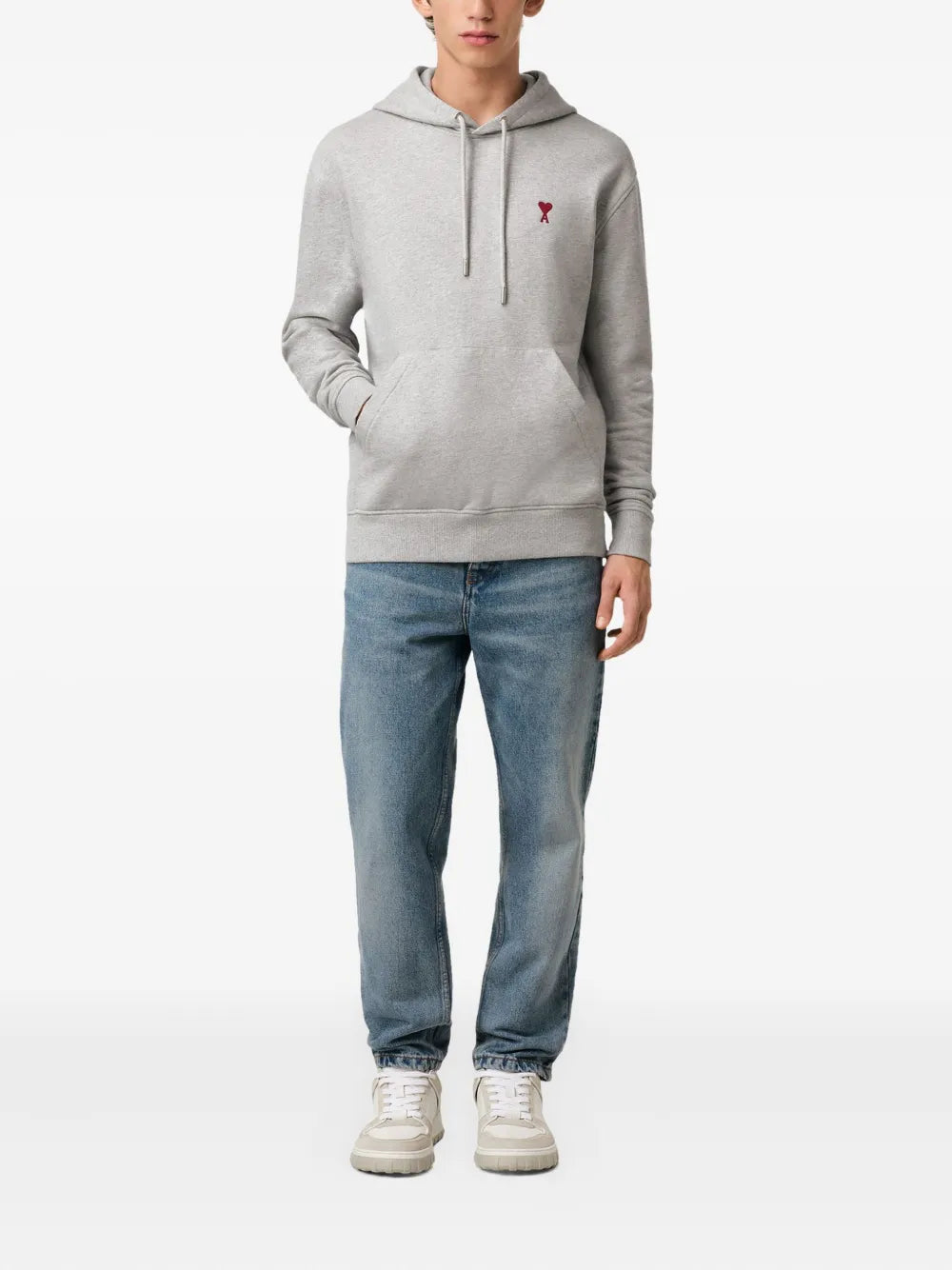 AMI Paris De Coeur Heart Logo Hooded Sweatshirt Grey BFUSW235