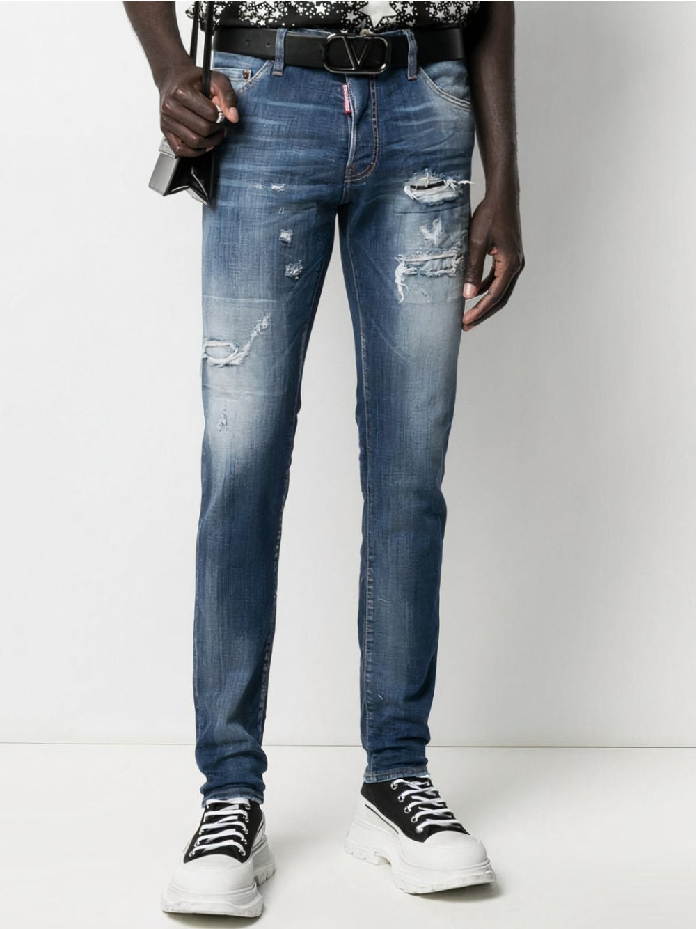 Dsquared2 Cool Guy Distressed Slim Jeans in Mid Blue Leather Patch S71LB0872 S30342