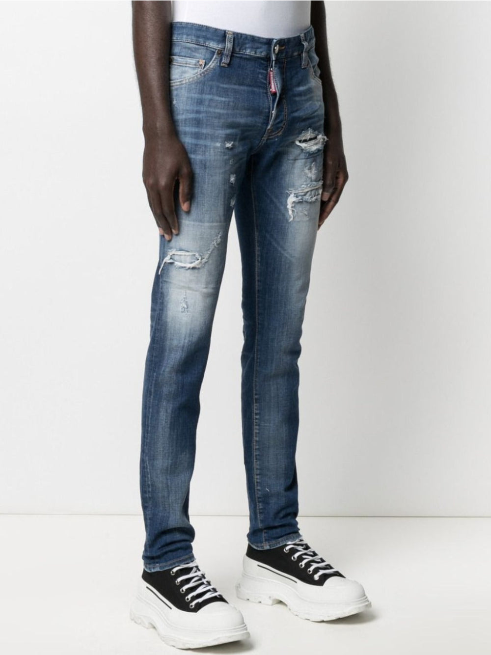 Dsquared2 Cool Guy Distressed Slim Jeans in Mid Blue Leather Patch S71LB0872 S30342