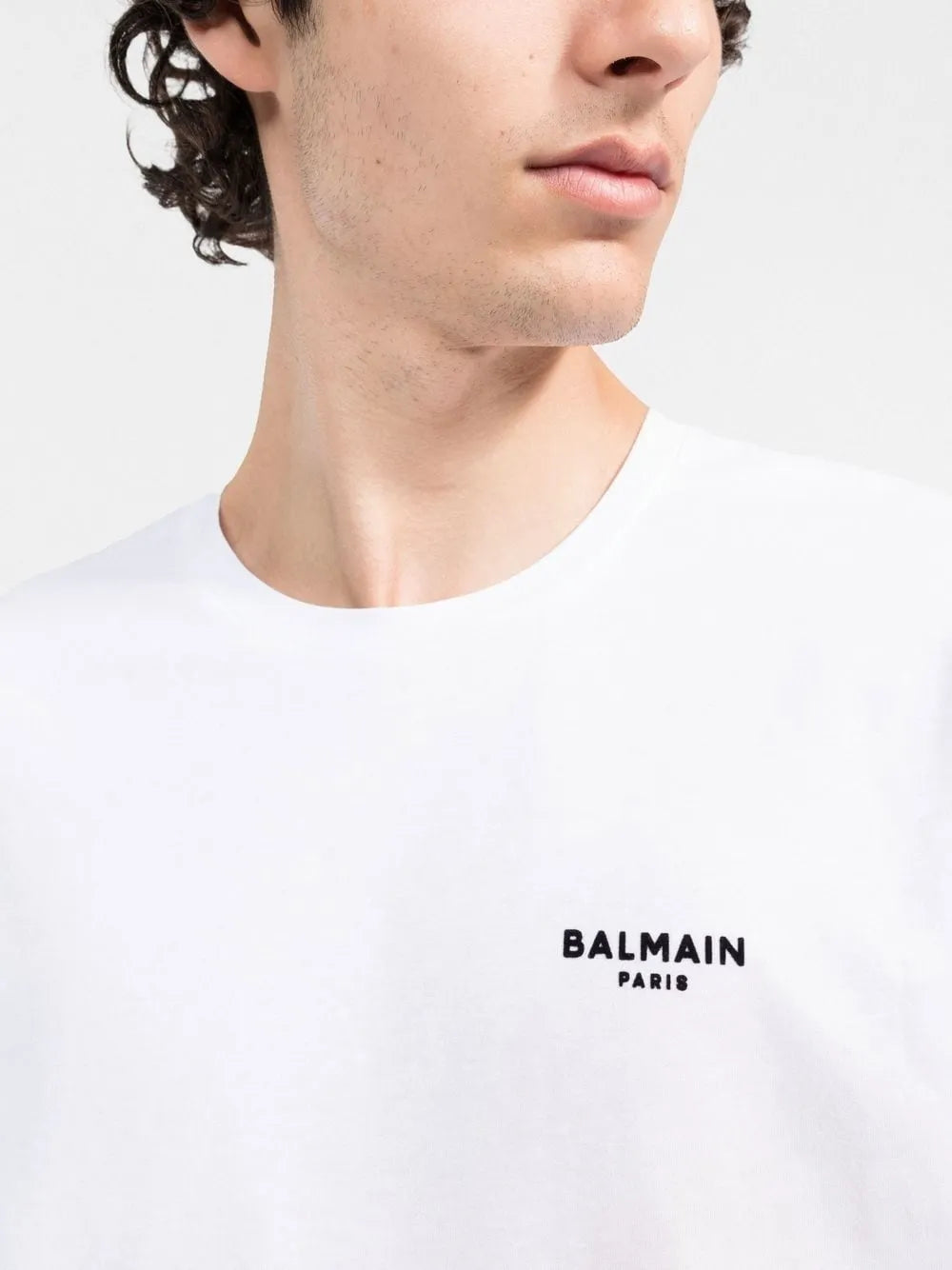 Balmain Small Flocked Logo Embroidered Cotton T-Shirt – White XH1EF000 BB04