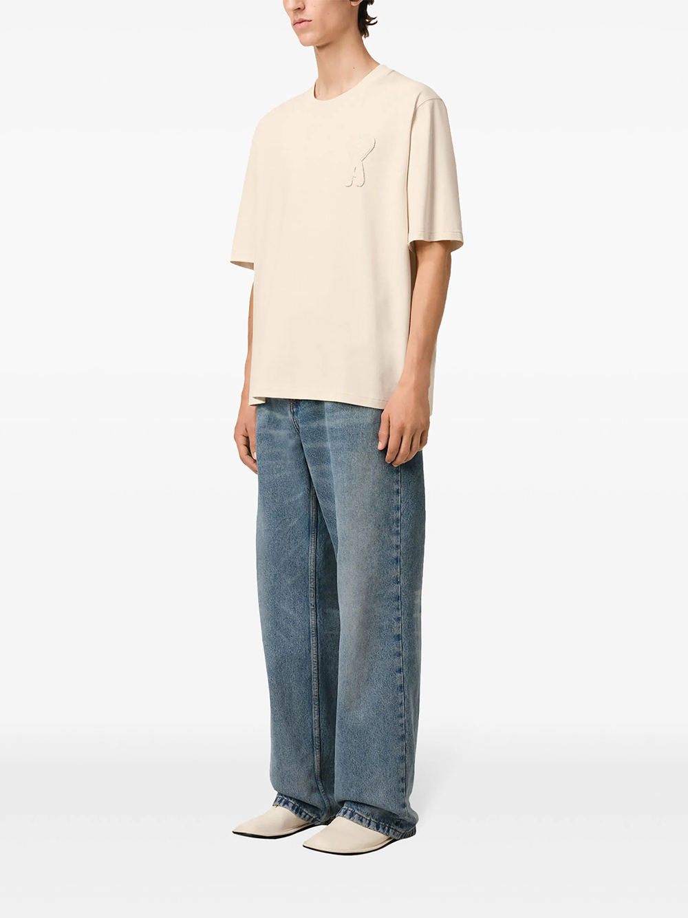 AMI Paris Heart Patch T-Shirt Beige Cream