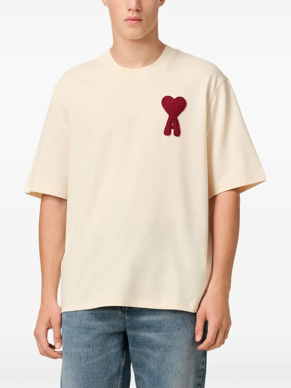 Ami Paris Patch Heart T-Shirt in Beige HTS065.726