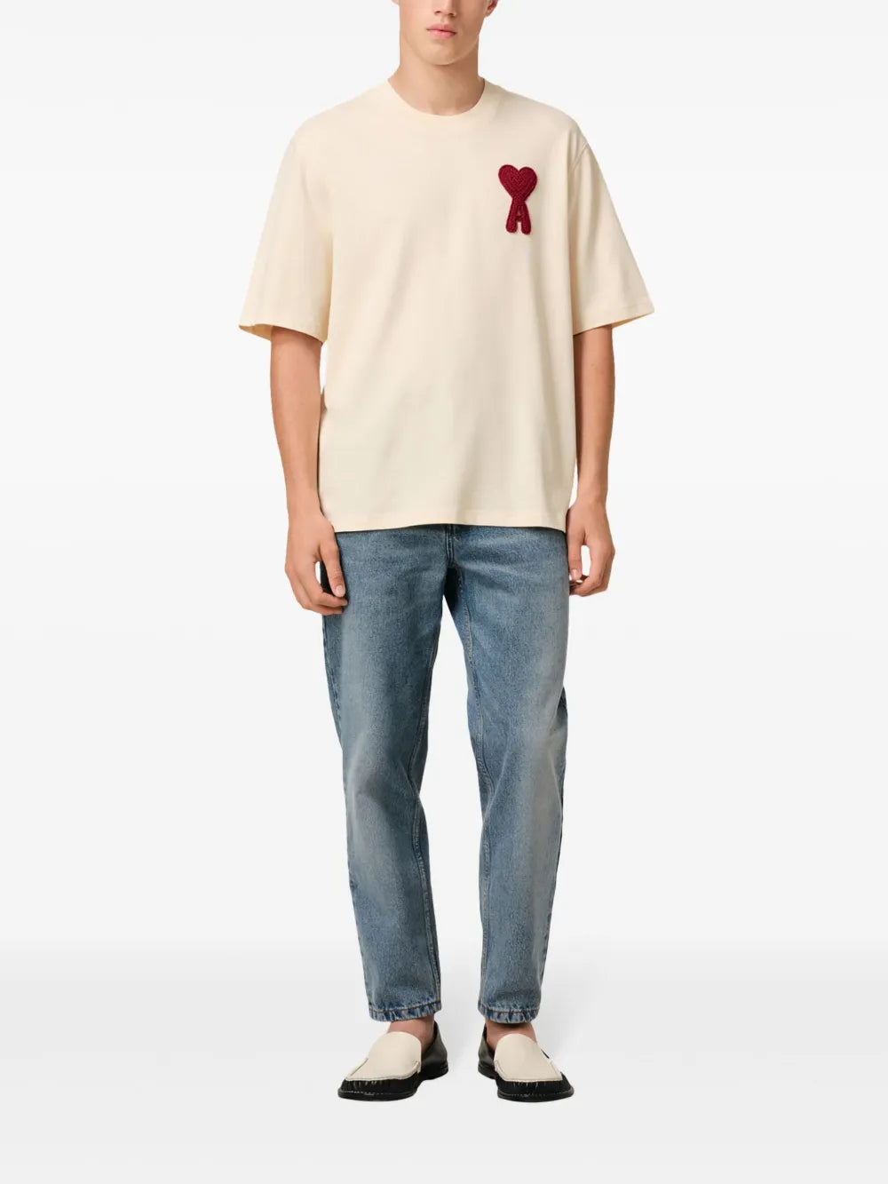 Ami Paris Patch Heart T-Shirt in Beige HTS065.726