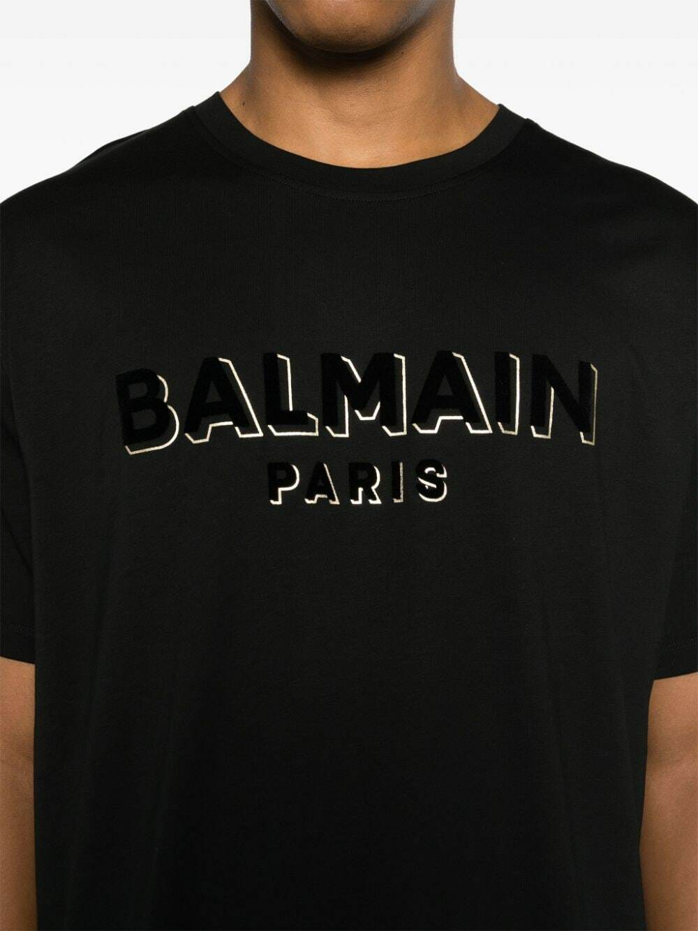 Balmain Metallic Velvet Flock T-Shirt Black Gold AH1EG010