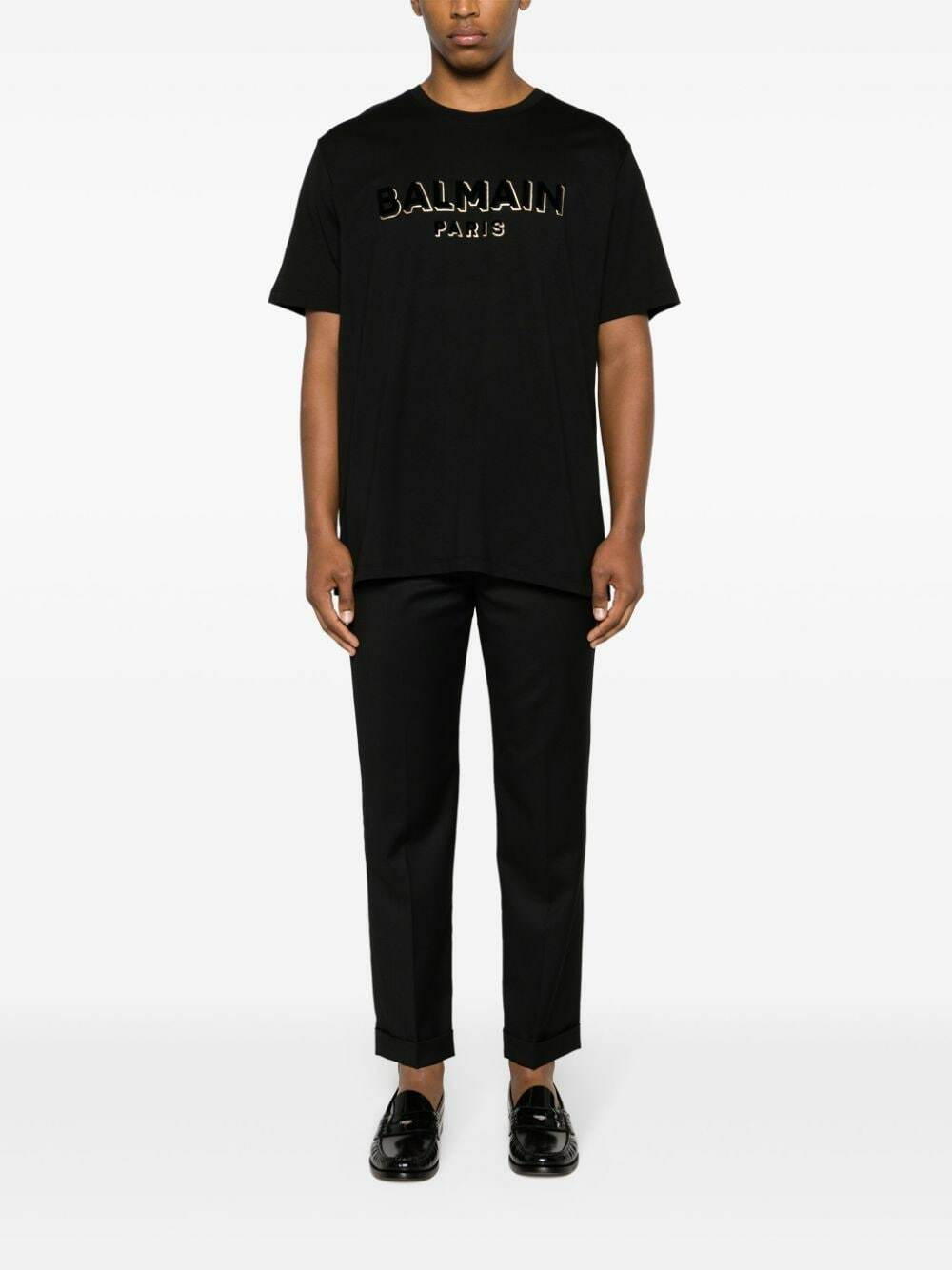 Balmain Metallic Velvet Flock T-Shirt Black Gold AH1EG010