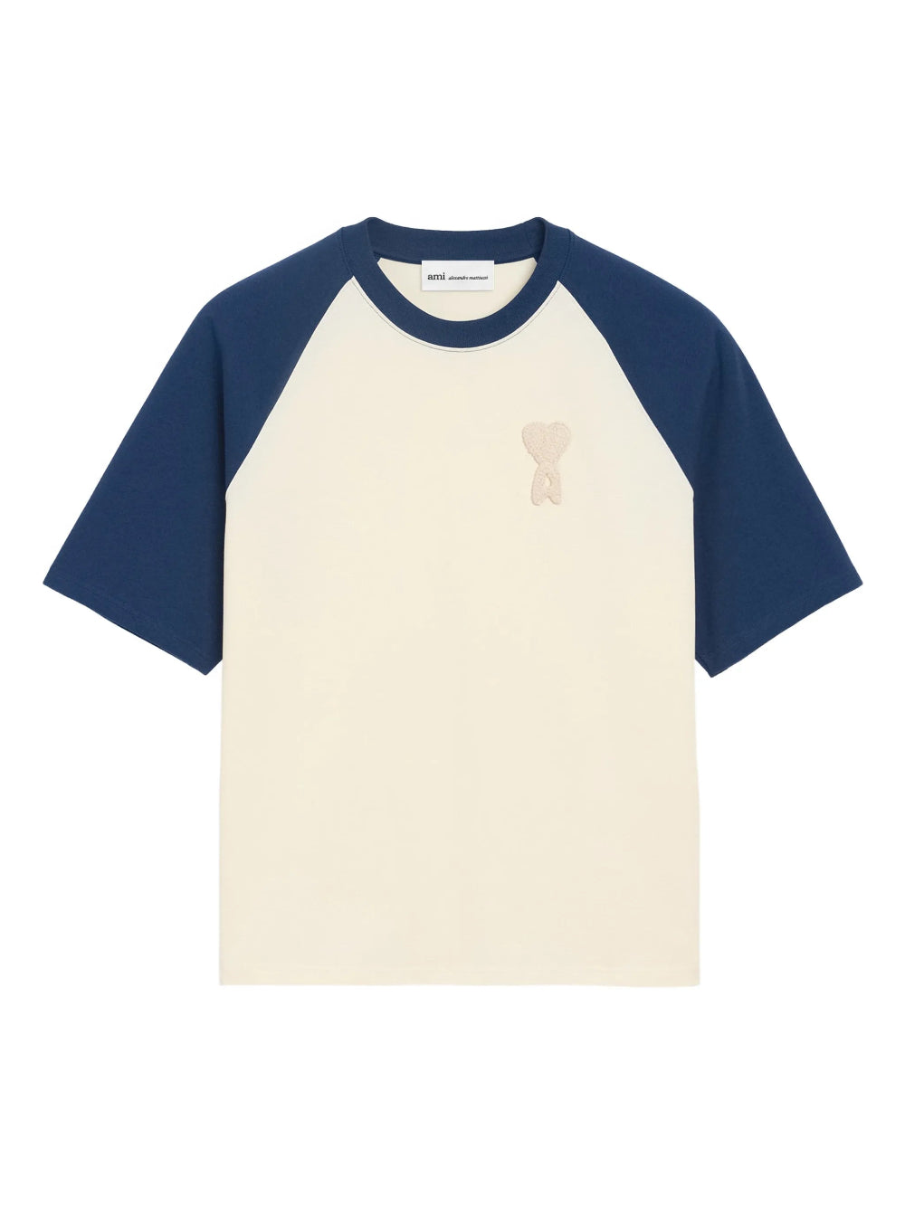 AMI Paris White And Blue Beige Knitted Heart Patch T-Shirt