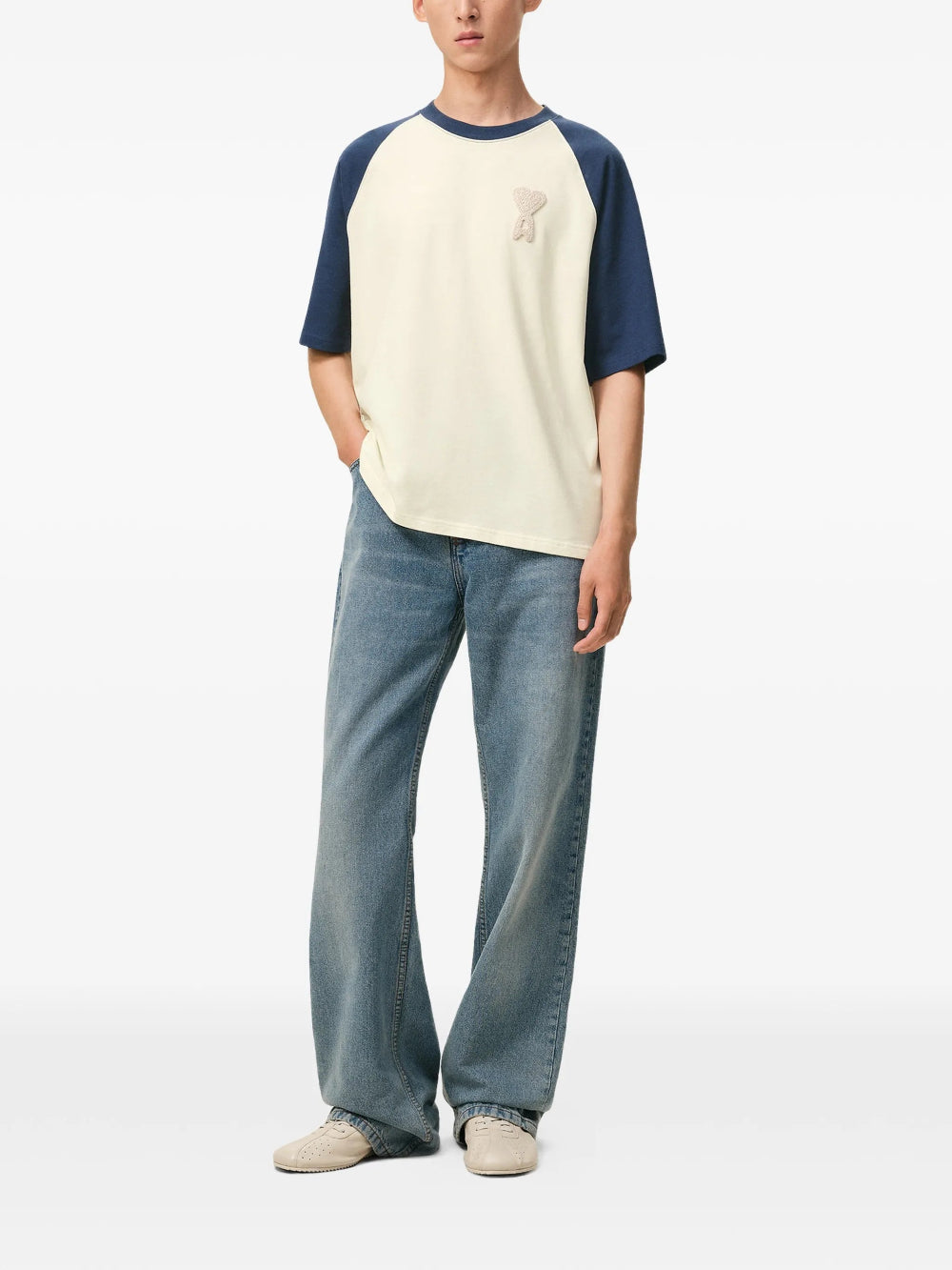 AMI Paris White And Blue Beige Knitted Heart Patch T-Shirt