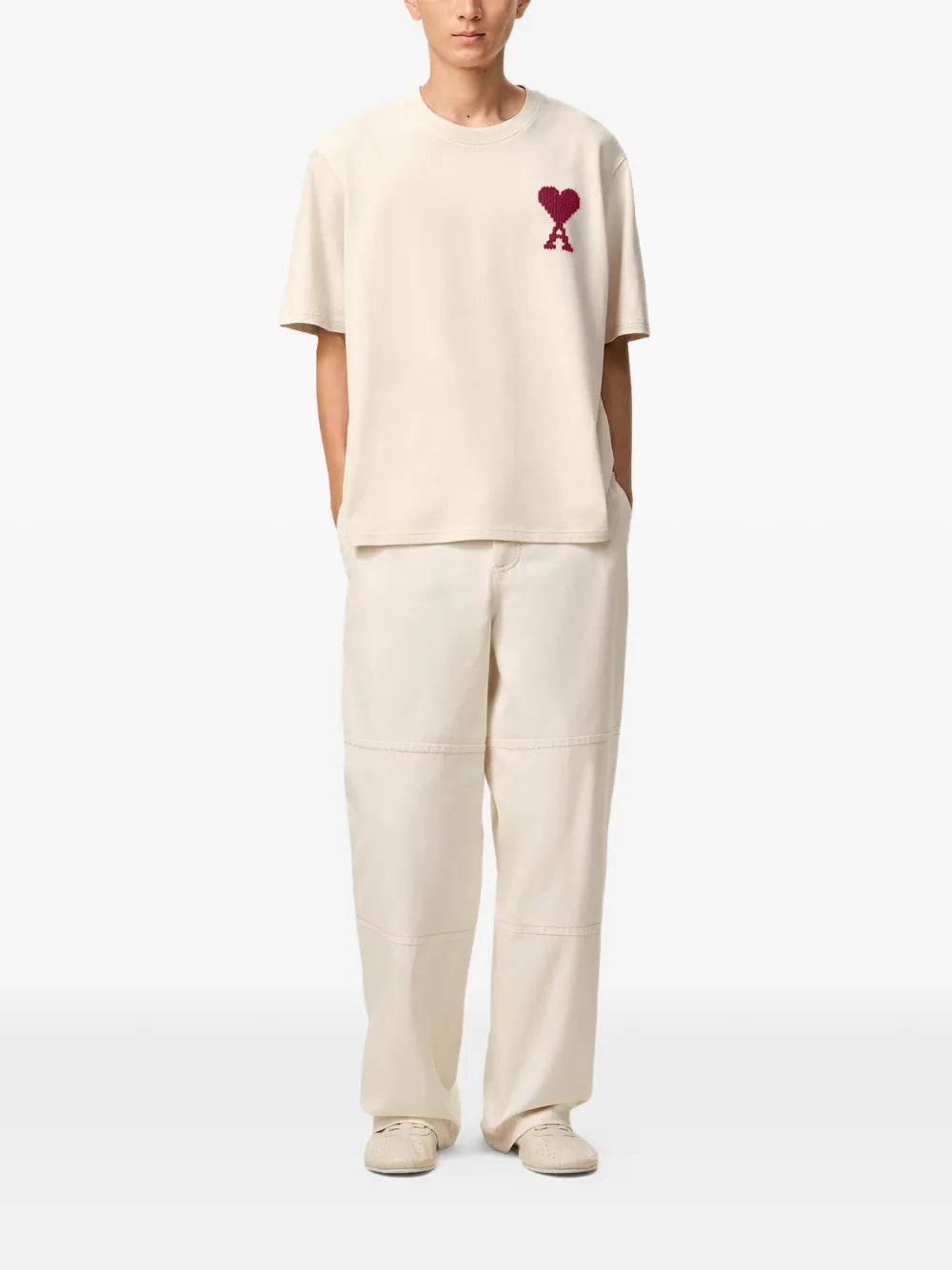 AMI Paris Heart Zigzag T-Shirt Beige