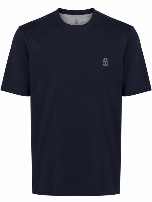 Brunello Cucinelli Logo Print Cotton Jersey T-Shirt Navy Blue