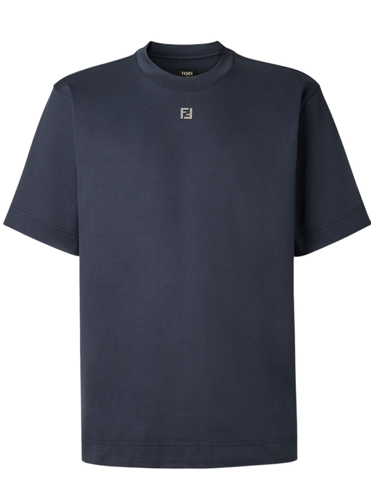 Fendi FF Metal Plaque Detail Cotton T-Shirt Navy Blue FY0936-ARYY-F0QB0