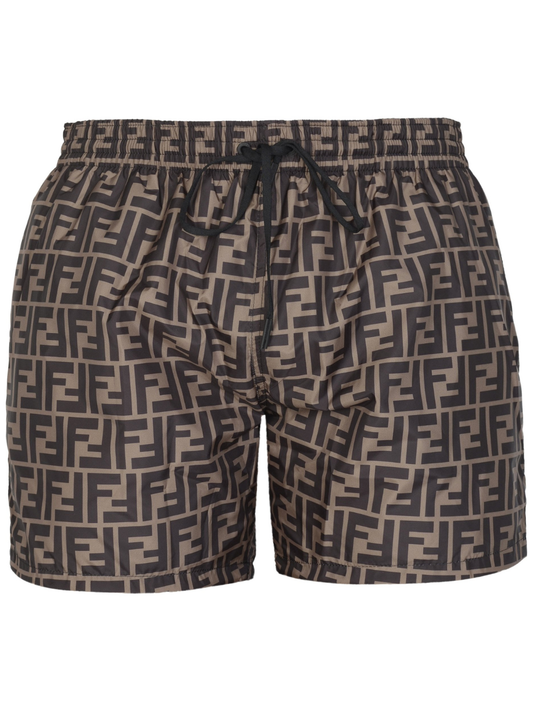 Fendi FF Monogram Drawstring Swim Shorts Brown